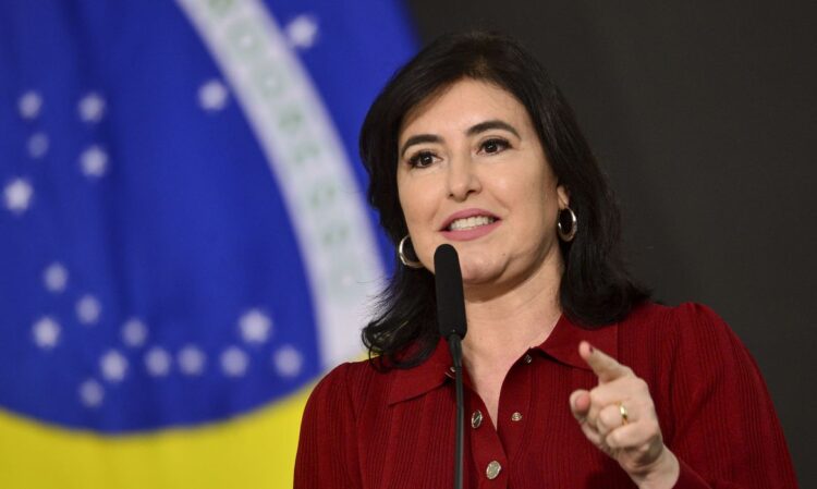 A ministra do Planejamento e Orçamento, Simone Tebet, toma posse em cerimônia no Salão Nobre do Palácio do Planalto.