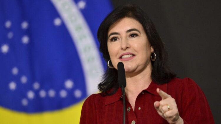 A ministra do Planejamento e Orçamento, Simone Tebet, toma posse em cerimônia no Salão Nobre do Palácio do Planalto.